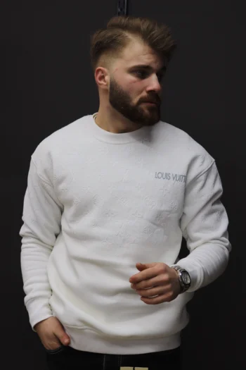 LV Beyaz Baskı Bisiklet Yaka Sweat