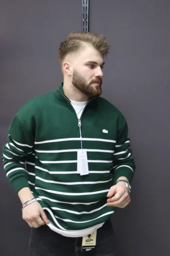 LACOSTE Yeşil Çizgili Yarım Fermuar Triko