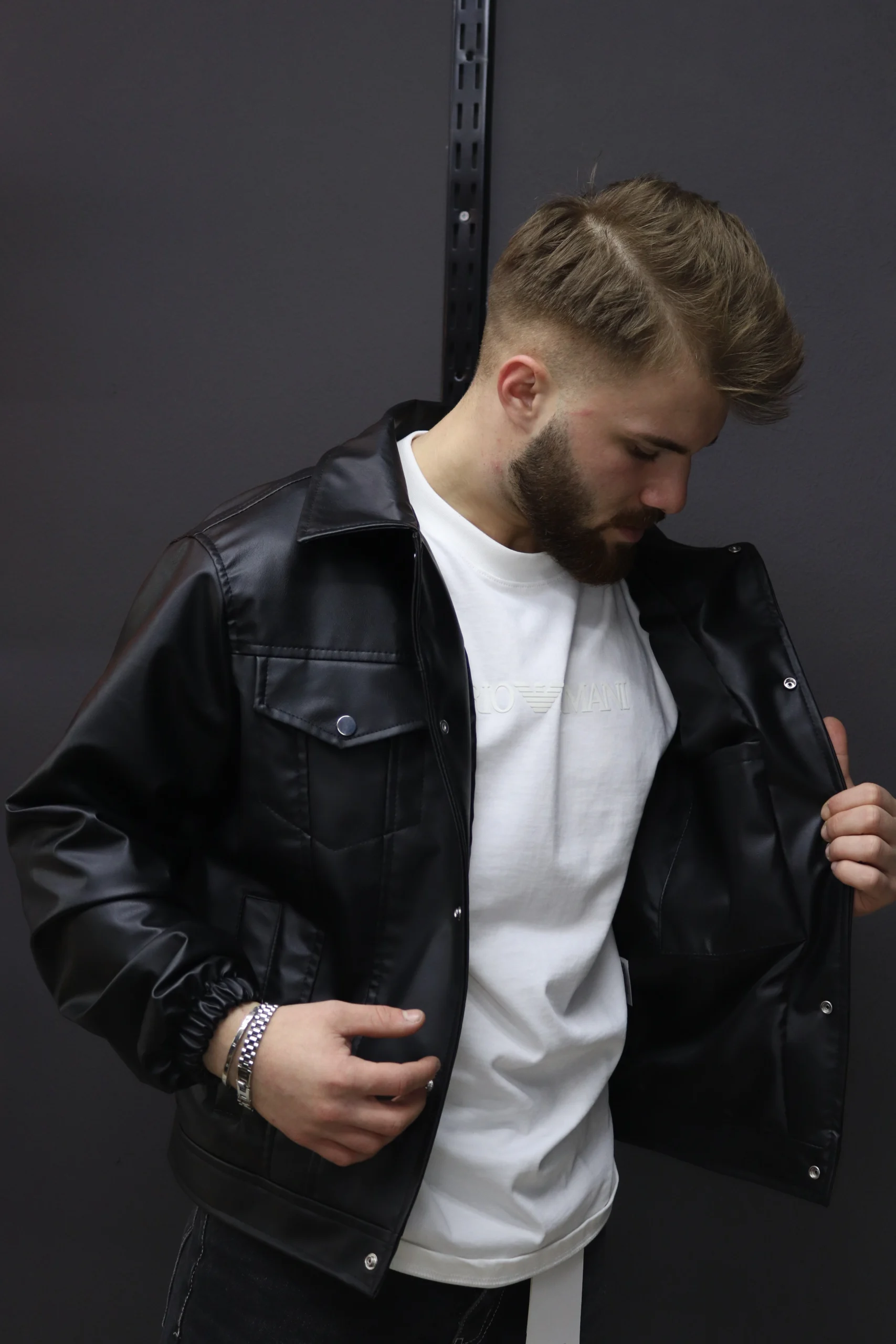 Lastikli kol yarı oversıze deri ceket (2)