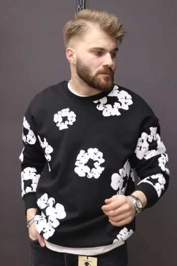 Beyaz Yonca Baskı Bisiklet Yaka Sweat